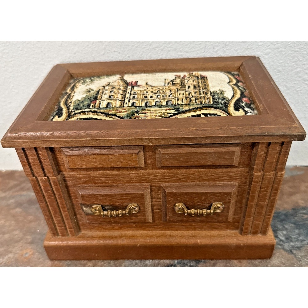 Montgomery Ward Wonder Crafts Tapestry Top Jewelry Chest Music Box VTG